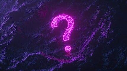 Glowing purple neon question mark on abstract rippled black background