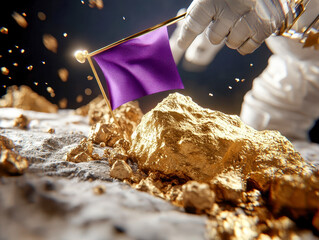 Astronaut planting purple flag on gold asteroid in space mining operation