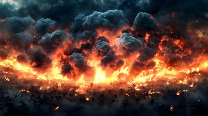 Fototapeta premium Fiery Battlefield Inferno: A Dark and Dramatic Depiction of Intense Destruction