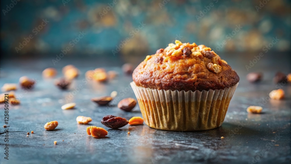 Poster delicious nut-topped muffin on dark surface with scattered nuts and dried fruit