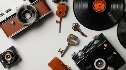 Vintage cameras and vinyl records with brown leather keys on white background National Old Stuff Day