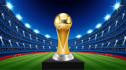 Illustration of a soccer stadium with bright lights and a blue background football theme. Vector illustration © ajibon