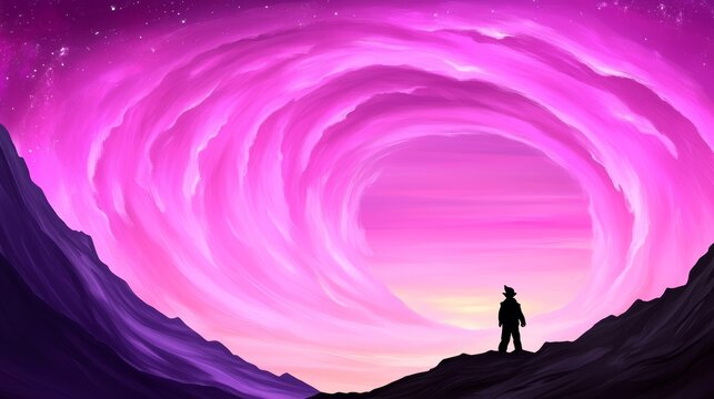 A lone figure stands silhouetted against a vibrant, swirling pink and purple sky, gazing at a celestial vortex.  Dreamlike and surreal.