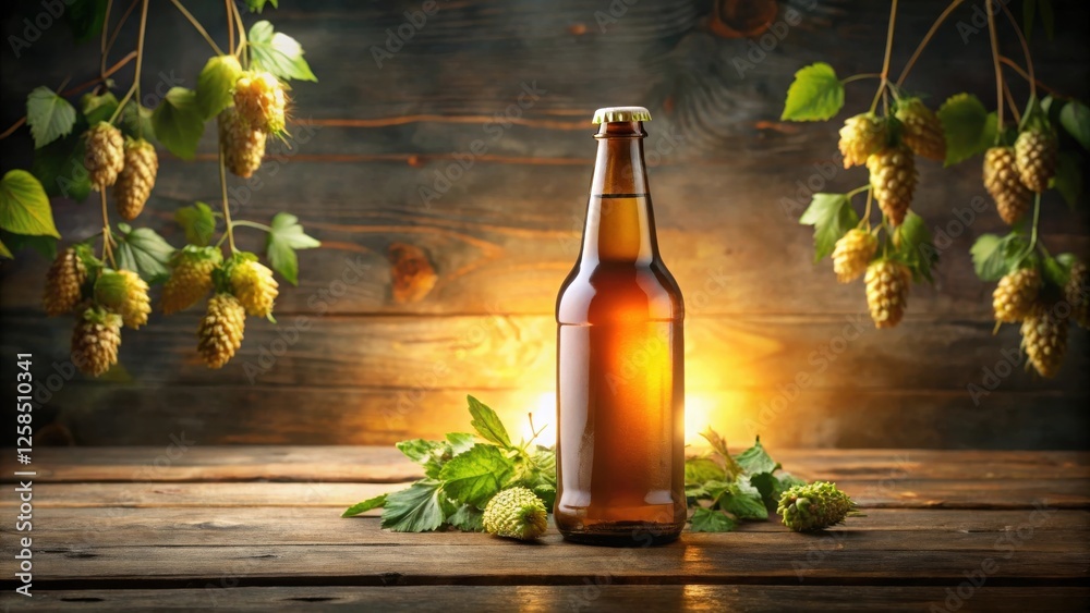 Poster a bottle of beer rests on a rustic wooden surface, surrounded by fresh hops and illuminated by warm 