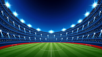 Illustration of a soccer stadium with bright lights and a blue background football theme. Vector illustration © ajibon