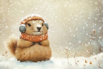 Fototapeta premium Chipmunk in winter coat, standing in snowy forest