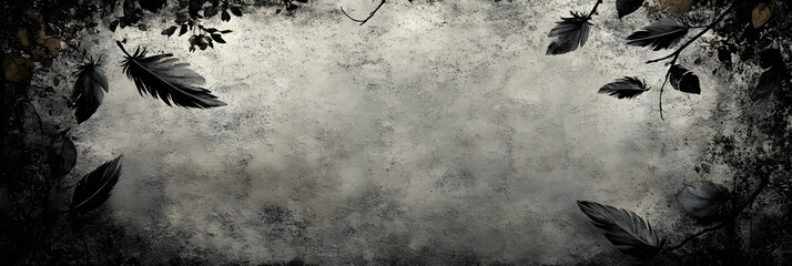 Dark Feathers on Weathered Wall,  Nature's somber artistry gracefully decorates a textured surface with a melancholic charm.