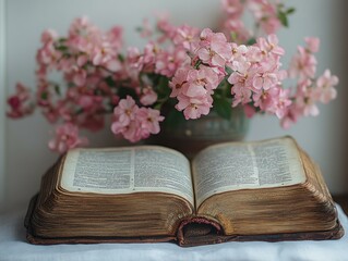 Open Antique Book with Pink Flowers Composition Still