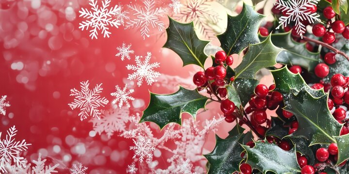 A holiday-themed background featuring holly, mistletoe, and snowflakes in an elegant arrangement.