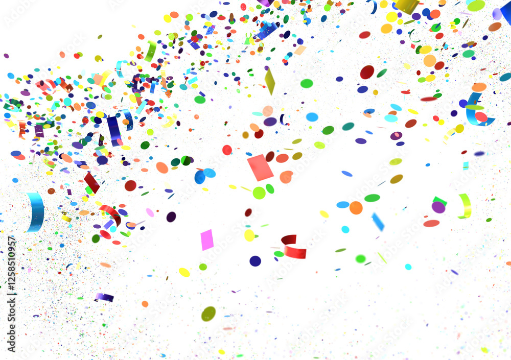Poster multicolor confetti abstract background with a lot of falling pieces, isolated on a white background