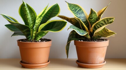 Fototapeta premium Vibrant snake plants in terracotta pots on wooden shelf