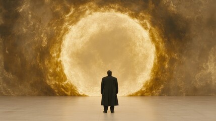 Obraz premium A man in a long coat stands before a large, glowing orb, a captivating scene of mystery and wonder.