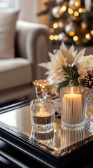 Cozy living room with lit candles and festive christmas decorations on mirror surface