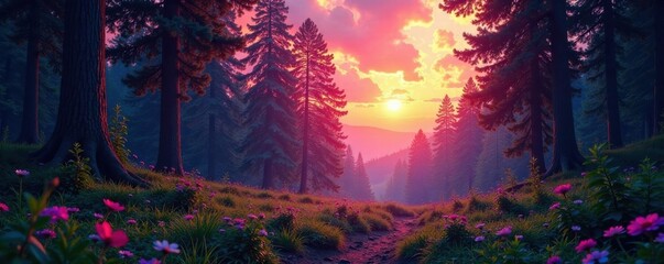 Fototapeta premium Vibrant Forest Landscape at Dusk, wildlife, nature, blue