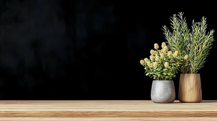 Fototapeta premium Two Potted Plants On Wooden Surface Against Dark Background