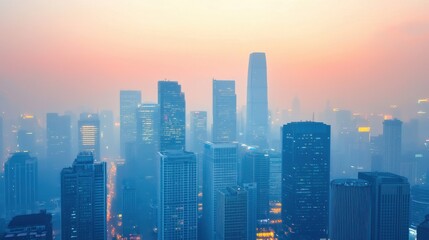 Fototapeta premium Majestic Urban Skyline at Dusk with Soft Haze and Twilight Glow