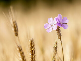 Obraz premium Delicate purple flowers growing in a golden wheat field