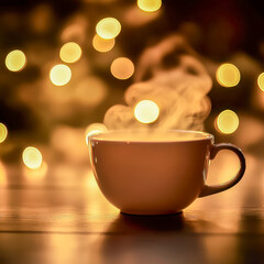 Fototapeta premium Steaming cup of hot beverage with christmas lights bokeh effect creating warm atmosphere
