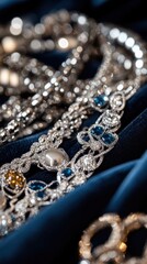 Elegant diamond and sapphire jewelry on blue velvet display