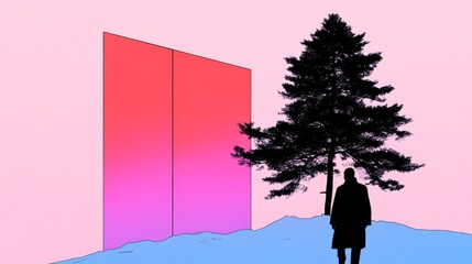 Silhouetted person stands before a large, vibrant pink and red wall, a lone tree in a snowy landscape.