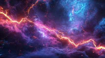 Stunning cosmic scene featuring vibrant colors and lightning bolts amid a dark starry backdrop, capturing the beauty of the universe's mysteries.