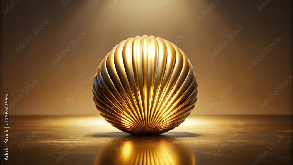 Poster illuminated golden orb with ribbed texture on reflective surface
