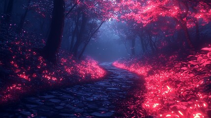 Fototapeta premium Enchanted forest pathway illuminated by vibrant pink foliage under a mystical fog