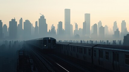 Obraz premium Urban Train Moving Through Misty Cityscape at Dawn
