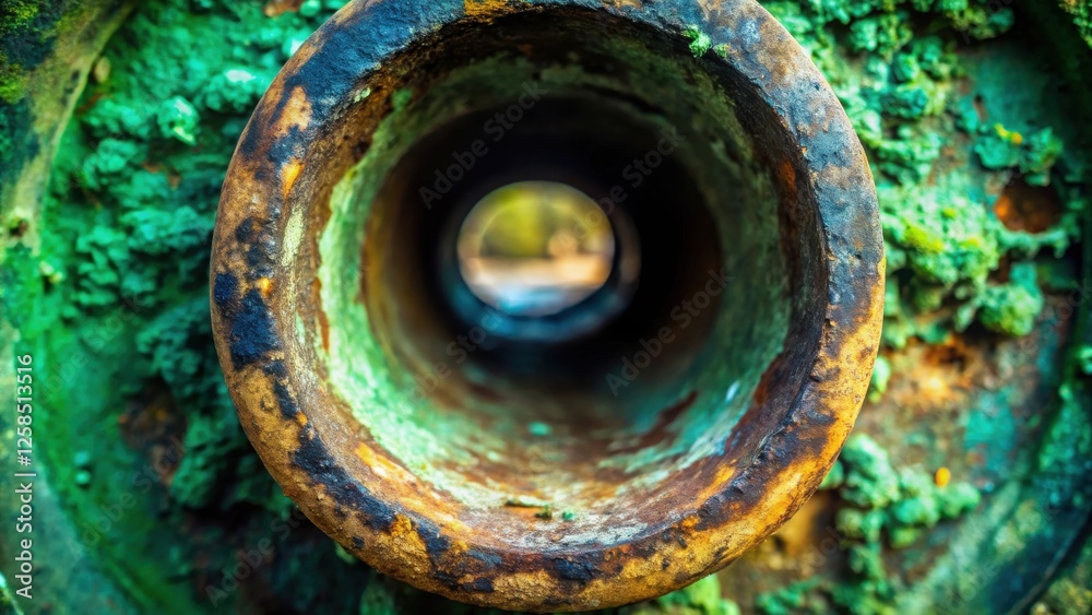 Poster Rusty Pipe's Mysterious Depth A Glimmer of Light at the End of a Corroded Tunnel