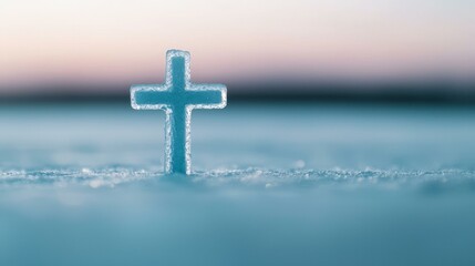 Serene Christian Symbol Cross in Snow Symbolic Reflection of Faith and Cold Winter Season Light