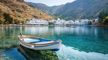 Obraz premium Greek Island Village Boat Calm Waters Crystal Clear Sea Sunny Day
