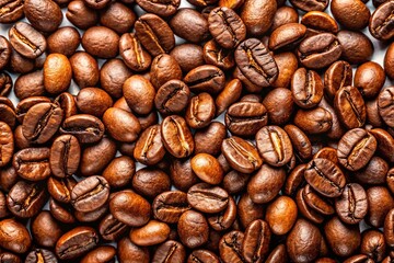 Fototapeta premium Aromatic Roasted Coffee Beans, Aerial View, White Background - High-Resolution Stock Photo