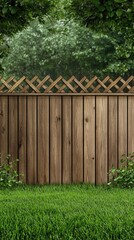A charming wooden fence adorned with a beautiful trellis stands proudly in a vibrant, lush green garden, enveloped by abundant foliage under the warm glow of a sunny day