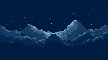 pixel art night sky background with stars, game level 8 bit landscape, clouds, arcade video game, vector illustration © marruu