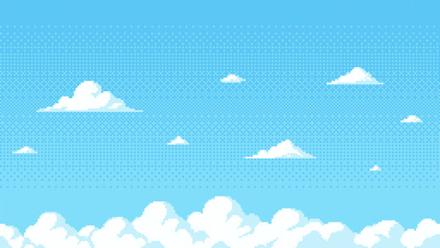pixel art blue sky background with clouds, game level 8 bit landscape, arcade video game, vector illustration