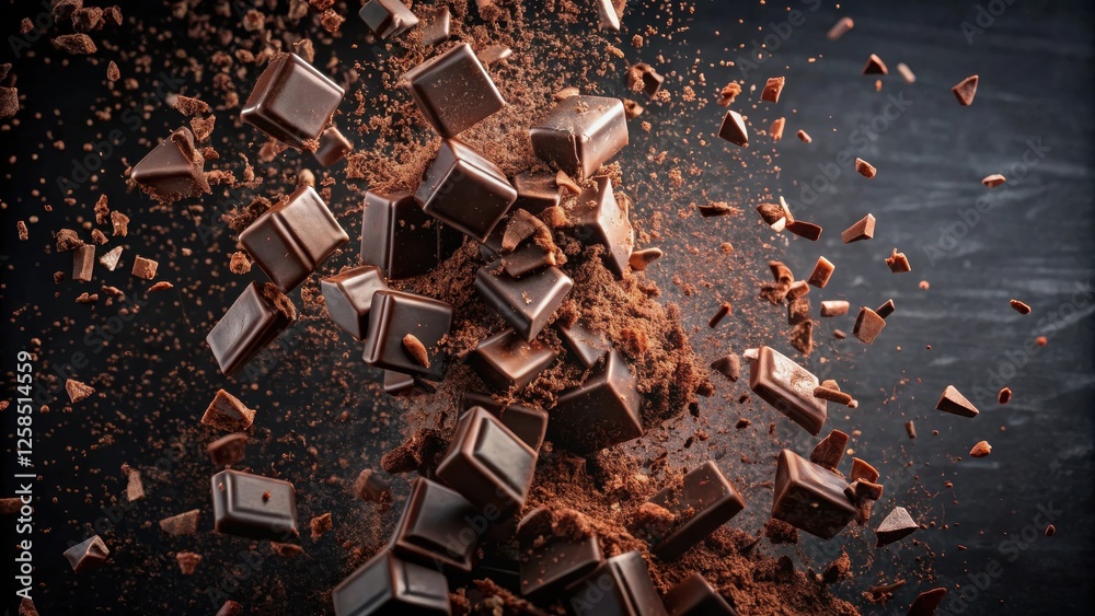 Poster dark chocolate pieces and powder exploding in motion