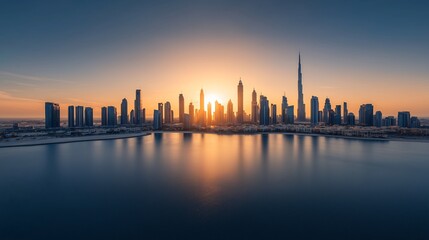 Dubai Skyline Sunrise, Aerial View, Cityscape, Tranquil