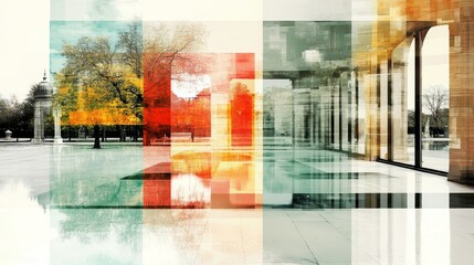 Fototapeta premium Abstract autumnal cityscape. Overlapping layers create a dreamlike effect, blending architecture and nature.