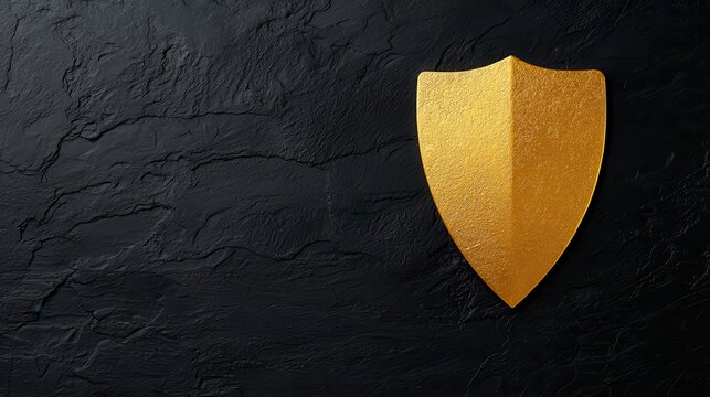 A golden shield symbolizes protection and security on a dark surface.