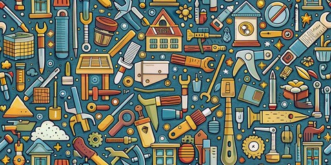 Obraz premium Artistic Home Improvement Tool Doodles on Geometric Pattern Background - Stock Photo