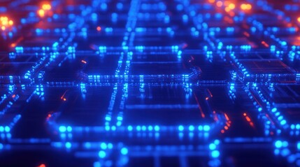 Obraz premium Vibrant abstract technology background featuring glowing blue and orange circuit patterns. Perfect for digital innovations and futuristic themes.