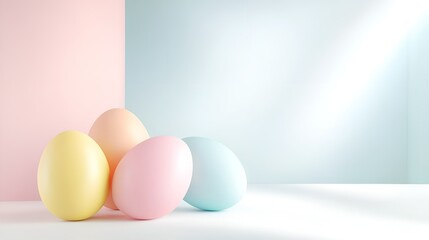 Pastel-colored Easter eggs arranged on a white surface with a soft, minimalistic background, creating a festive and elegant holiday composition