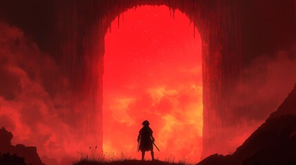 Obraz premium Silhouette of a person standing before a fiery red portal, an ominous and dramatic scene.