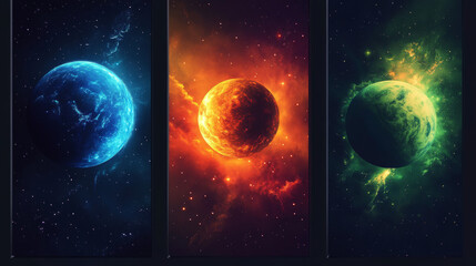 Set of planetarium banner templates. Cartoon vector illustration of alien planets glowing with neon craters against starry dark sky background. Space galaxy exploration, astronomy science event promo