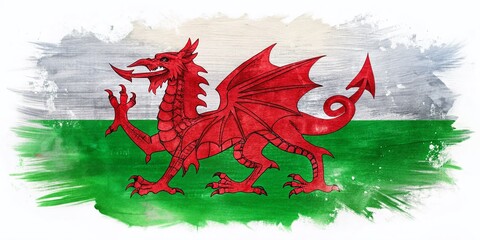 Artistic Welsh Dragon Flag: Brush Stroke Texture, Isolated on Solid & Transparent Backgrounds - Stock Photo