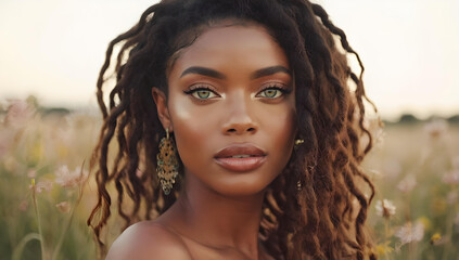 Stunning portrait of a beautiful African American woman with long curly dreadlocks, elegant jewelry, and captivating green eyes in a natural outdoor setting. Image made using Generative AI.