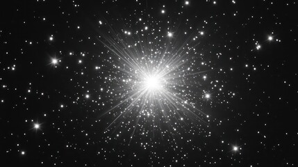 A monochrome image of a star-studded sky, brimming with multiple stars, and a central radiant point as its focal point