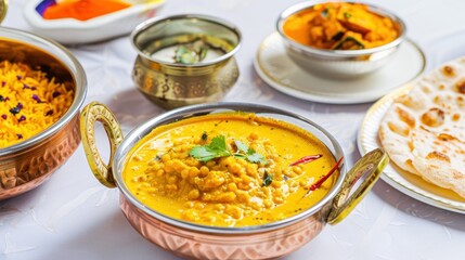 Traditional indian cuisine with lentil curry and assorted dishes for a festive meal setting. National Curry Week