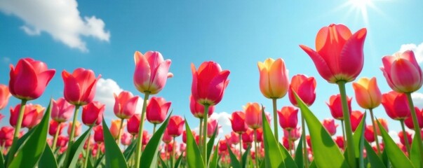 Fototapeta premium Vibrant tulips stretch towards the sky with slender stems , garden, watercolor, flower arrangement