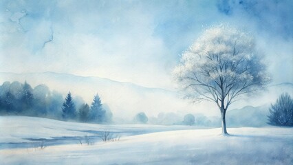 Serene Winter Landscape A Single Snow-Covered Tree Stands in a Frosty Field, Mountains in the Background